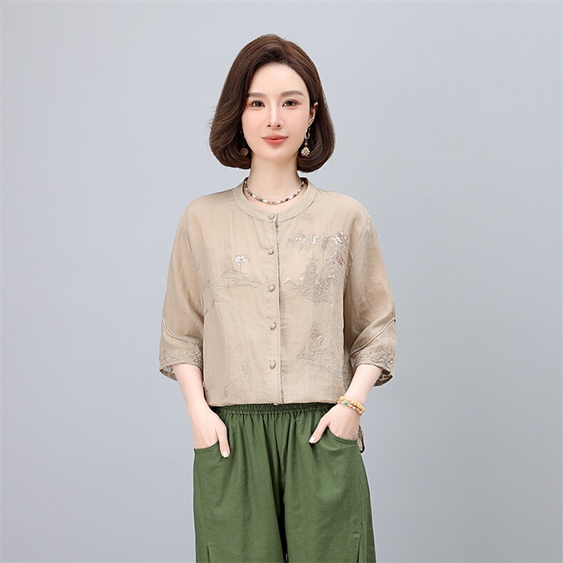 高端面料2025夏装新款气质休闲印花刺绣上衣,女装衬衫,凝聚力
