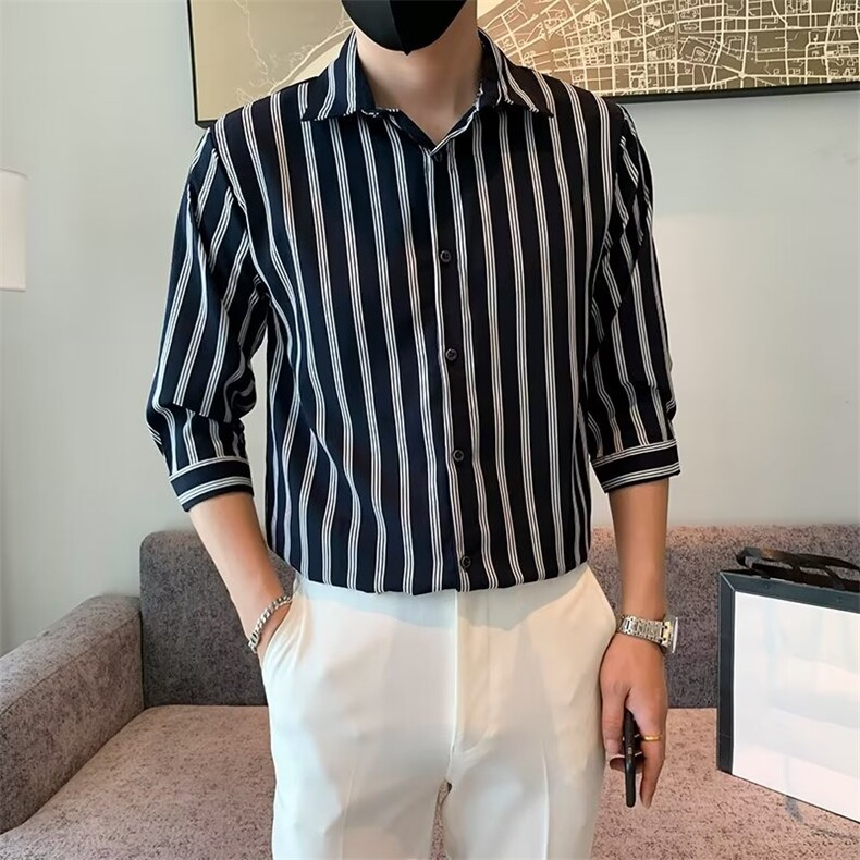 春季潮流青春流行男衬衫文艺标准百搭条纹简约七分袖C156-9,男装衬衫,星座1116A-2（原606A-1）