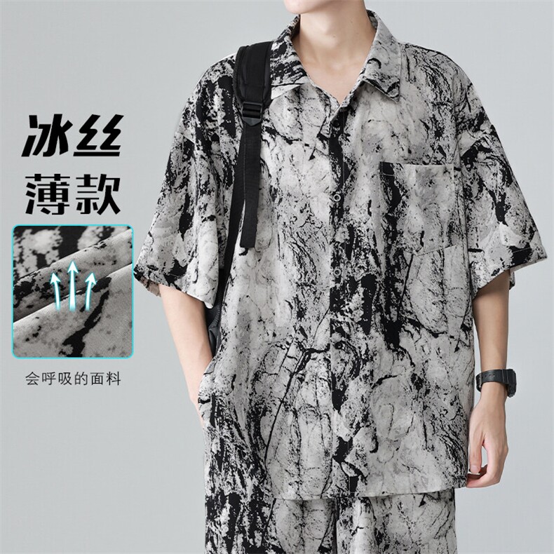 特批P25无差价2025冰丝顺滑水墨扎染沙滩五分袖花衬衫外套男CD898图片