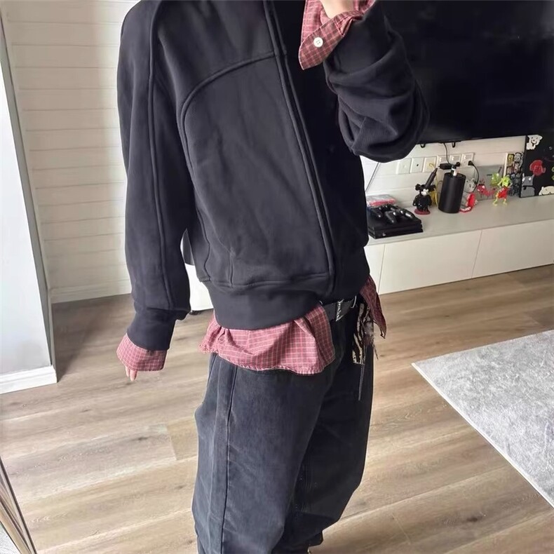 美式复古裁活页重磅百搭帽衫高街头boxy连帽廓形纯色卫衣外套潮牌图片