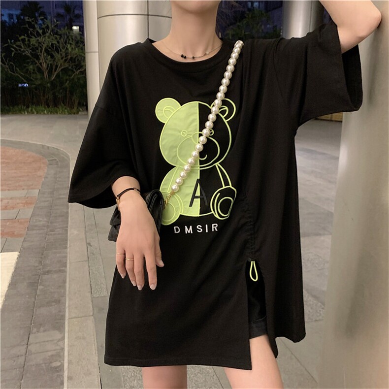韩版新款宽松中长款设计感开叉抽绳小熊印花短袖T恤,男装T恤,星座506A