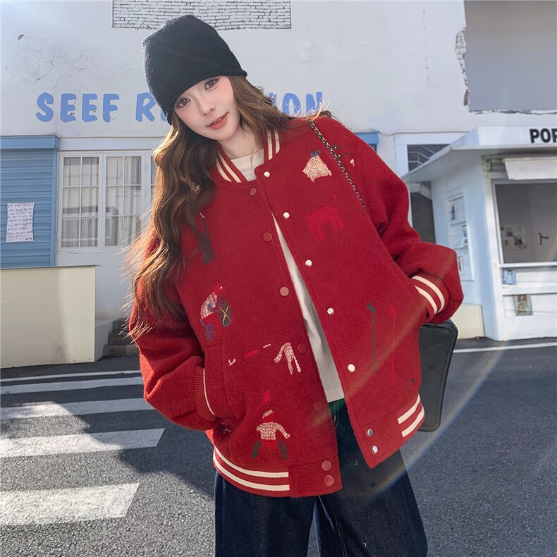 2025红色休闲韩系条纹棒球服外套女毛绒绒冬季羽绒服保暖上衣新款,女装羽绒服,艾米莉亚