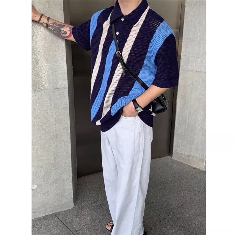 透气镂空竖条纹拼色男潮牌美式polo衫韩版夏季新款翻领短袖，男装T恤，星座506A