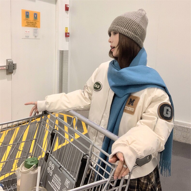 米白色拼接棒球羽绒服2025新款女秋冬韩系小个子加厚90绒短款外套,女装羽绒服,2C201