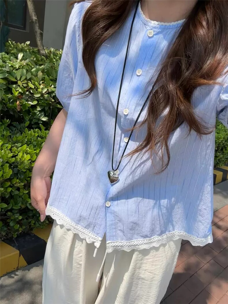 2025夏季新款肌理条纹设计感花边拼接短袖衬衫,女装T恤,湘姗
