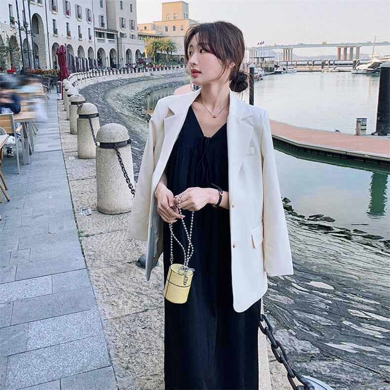 2024年春季新款韩版简约休闲宽松纯色西装外套套装黑色长款裙子女,女装西装,一九零