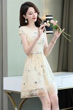 2025年夏季小个子碎花欧根纱连衣裙女装气质显瘦高端绣花蕾丝裙子，女装连衣裙，鑫鑫美