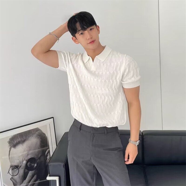 夏季针织短袖Polo衫韩版修身纯色冰丝休闲翻领上衣-M26-网络图,男装T恤,星座1002-2