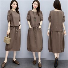 亚麻套装裙女2025年夏季新款女装时尚休闲棉麻文艺宽松两件套套装，女装套装/套裙，关键词