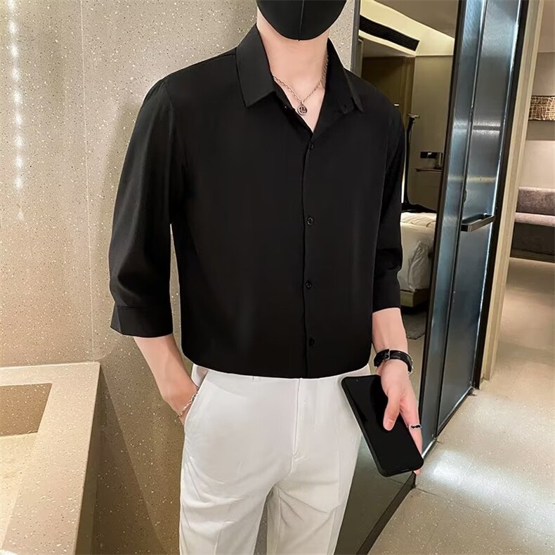 2024夏季衬衫男薄款修身冰丝短袖青年纯色春秋七分袖衬衣男Y50,男装衬衫,星座1116A-2（原606A-1）