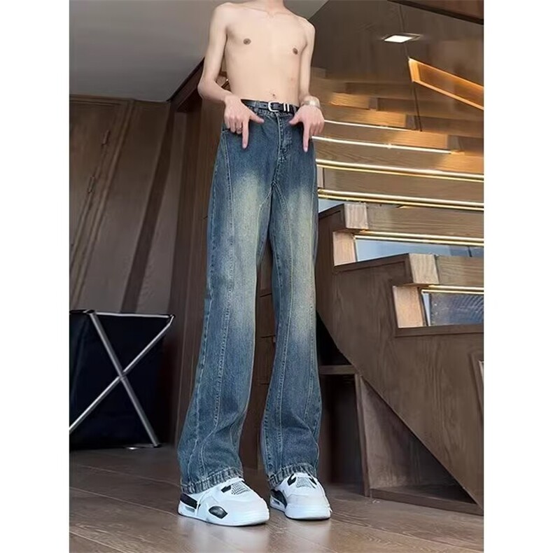 潮牌复古修身牛仔裤男高级感美式痞帅设计弯刀微喇裤WL8044-P48，男装牛仔裤，星座1008