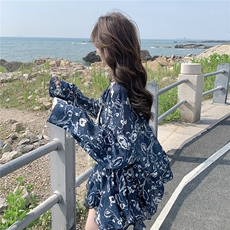 时髦减龄度假风套装夏季2025轻薄防晒印花长袖上衣高腰裙裤两件套，女装套装/套裙，2C168