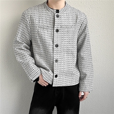 小香风短款垫肩格子外套男痞帅飞行夹克新中式西服W6647-P65，男装夹克，星座412-3