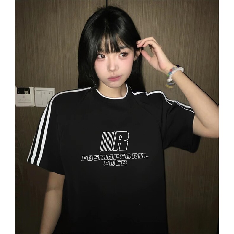 抖音得物高品质二开240克宽松纯棉美式潮牌三条杠织带短袖T恤,男装T恤,电商A486-1