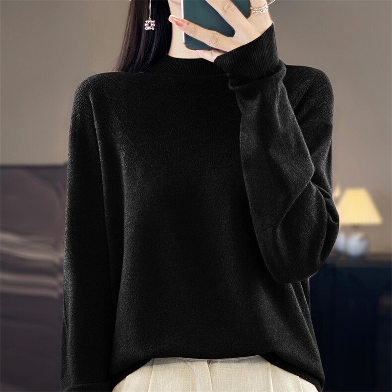 时尚百搭女针织衫简约舒适半高领毛衣优雅花纹镂空设计柔软亲肤,针织衫/毛衣,昭美羊绒