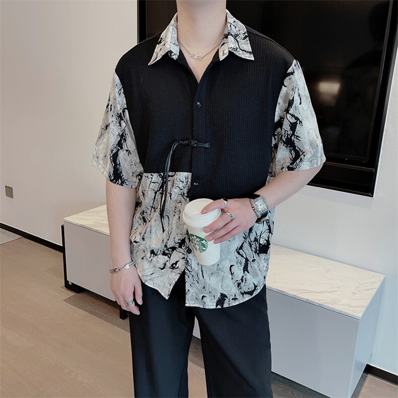 夏季新中式风水墨画假两件拼接痞帅短袖衬衫男宽松衬衣0905-P53,男装T恤,电商B267