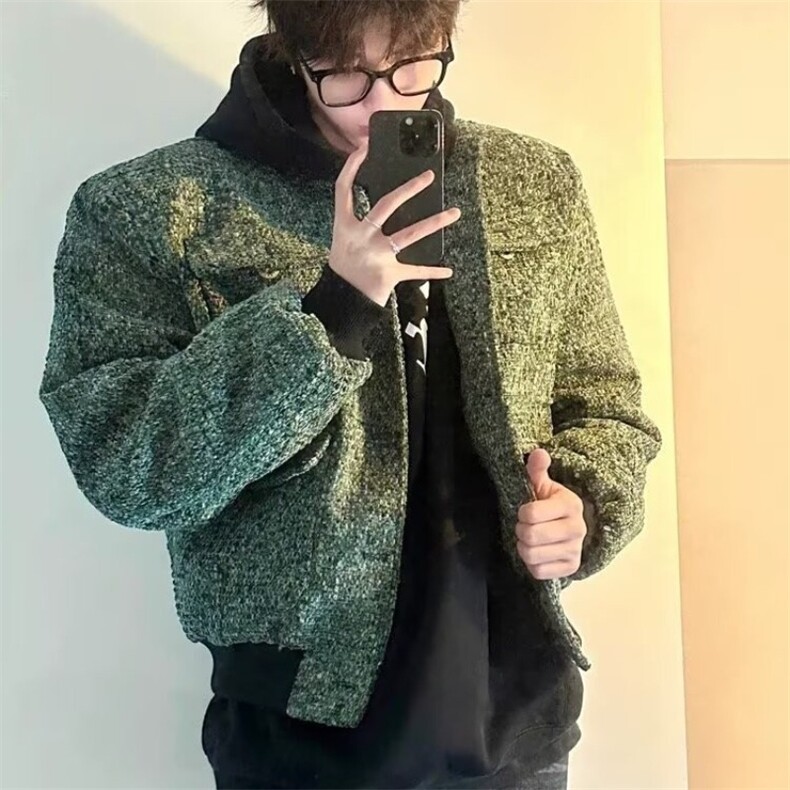 小香风短款毛呢外套男秋款高级感短宽松粗花呢工装夹克图片