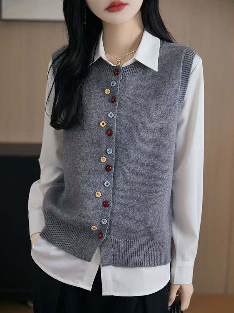 2025早春新款彩扣针织马甲女开衫时尚背心毛衣无袖马夹无袖上衣,针织衫/毛衣,萱芳婷羊绒