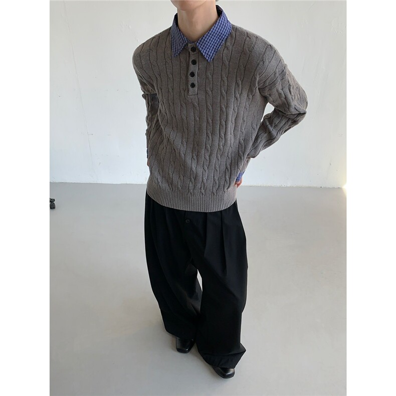 美式假两件拼接麻花针织毛衣男宽松老钱风毛衣1001-1-MY42-P63,男装针织衫/毛衣,星座1001-1