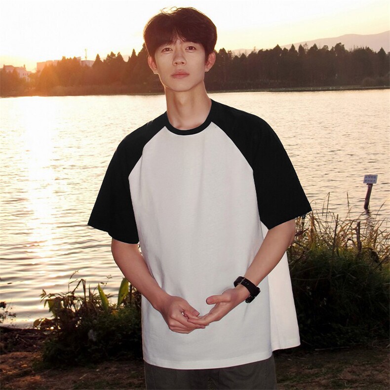 抖音得物高品质二开240克宽松纯棉美式潮牌插肩袖拼接短袖T恤，男装T恤，电商A486