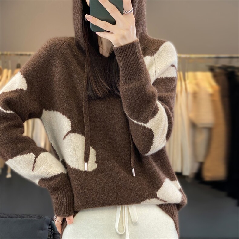 秋冬连帽撞色100%羊毛衫长袖卫衣女宽松带帽慵懒羊绒针织打底帽衫,女装羊毛衫,邦太羊绒
