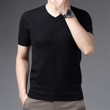 2023春秋季新款纯色V领毛衣中年男士短袖薄款男装针织打底衫上衣，男装针织衫/毛衣，电商B212（原钱塘6029）