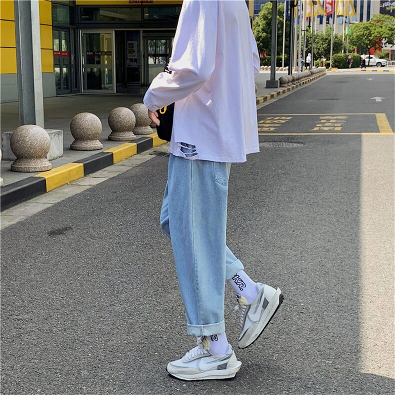松紧腰浅色港风休闲牛仔裤男士潮牌松阔腿裤子1008,男装牛仔裤,星座1008