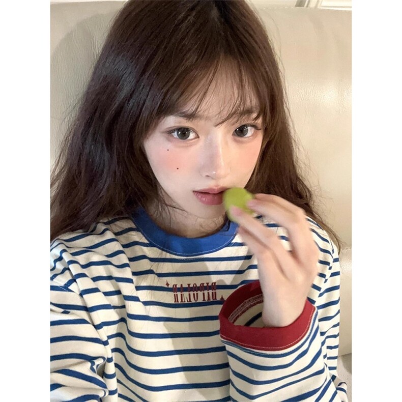 撞色条纹圆领长袖T恤女2025春秋新款韩版宽松内搭打底衫体恤上衣,男装T恤,星座506A