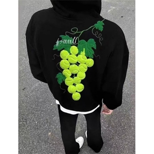 葡萄网球刺绣连帽卫衣男情侣秋冬纯棉宽松帽衫W76845