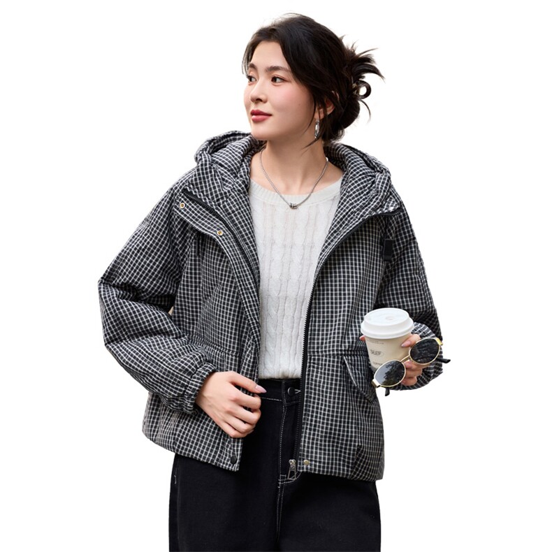 2025年冬季宽松连帽格子加厚棉衣服棉短款外套,女装棉衣/棉服,简韵佳