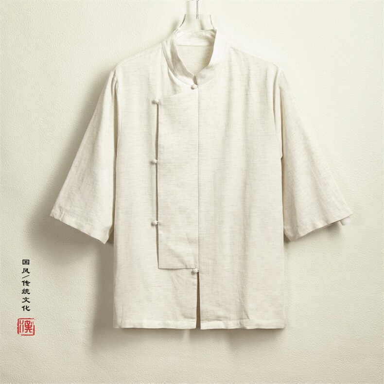 春夏新款风男装棉麻男士立领短袖衬衫X03P75图片