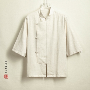 春夏新款风男装棉麻男士立领短袖衬衫X03P75图片