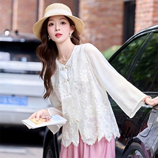 中式喇叭袖防嗮提花衬衫高级感立领七分袖薄款天丝开衫女宽松型，女装衬衫，木橙西子