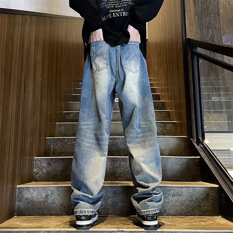美式牛仔裤男款夏季做旧高街直筒宽松潮牌男生阔腿长裤子N025-P45,男装牛仔裤,星座308B-1
