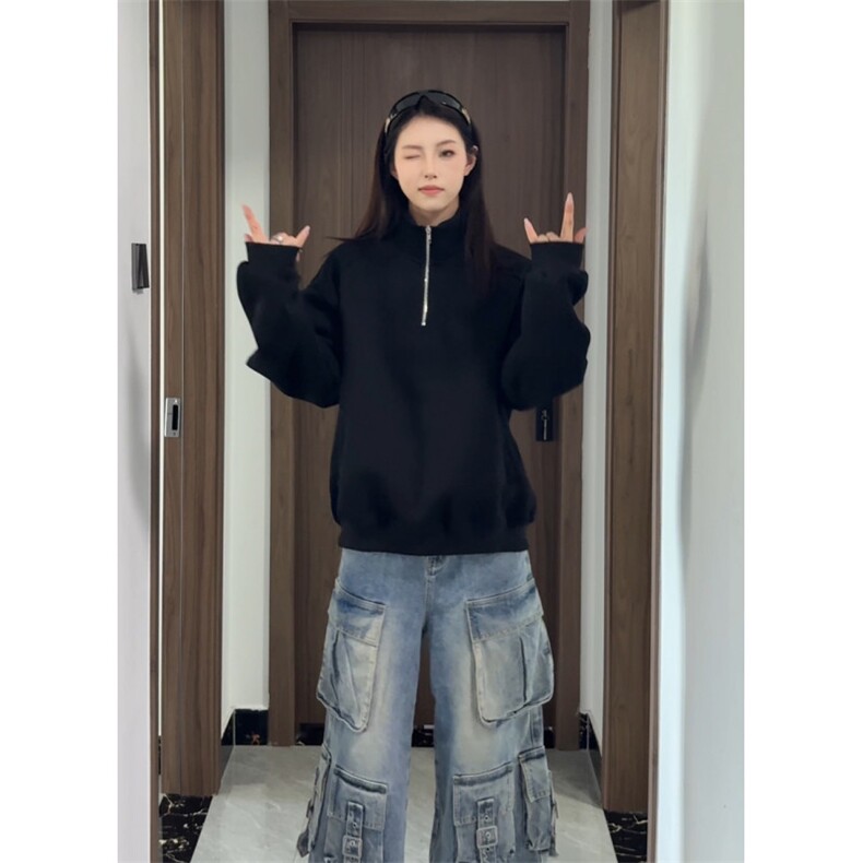 美式复古半拉链套头卫衣男女秋季宽松情侣百搭休闲上衣特P48,男装卫衣,电商C306-1