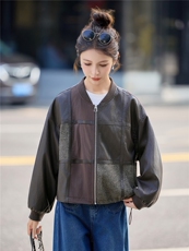 时尚个性拼接撞色皮衣外套PU女2025秋季新款短款上衣，女装短外套，余墨