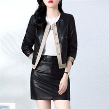 现货主推2022年秋季新款修身显瘦显高拼接皮衣外套女两件套，女装套装/套裙，潮流依族
