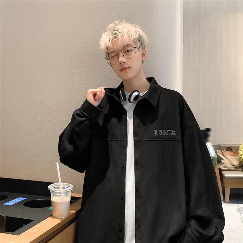 24新款港风麂皮绒字母印花时尚长袖衬衫A247-S8706P55控78,男装衬衫,电商A247