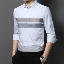 衬衫2023秋季新款竹纤维中年男士休闲时尚方领长袖印花衬衣男装，男装衬衫，电商B212（原钱塘6029）