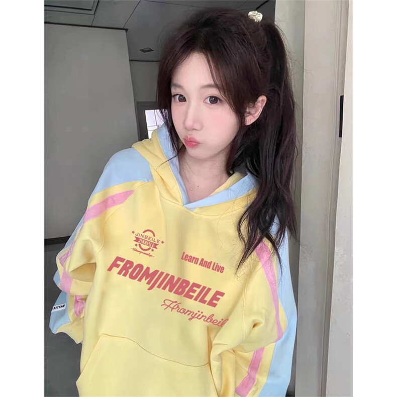 抖音得物秋装美式重磅全棉拼接撞色连帽卫印花衣外套A3206,女装短外套,电商A443