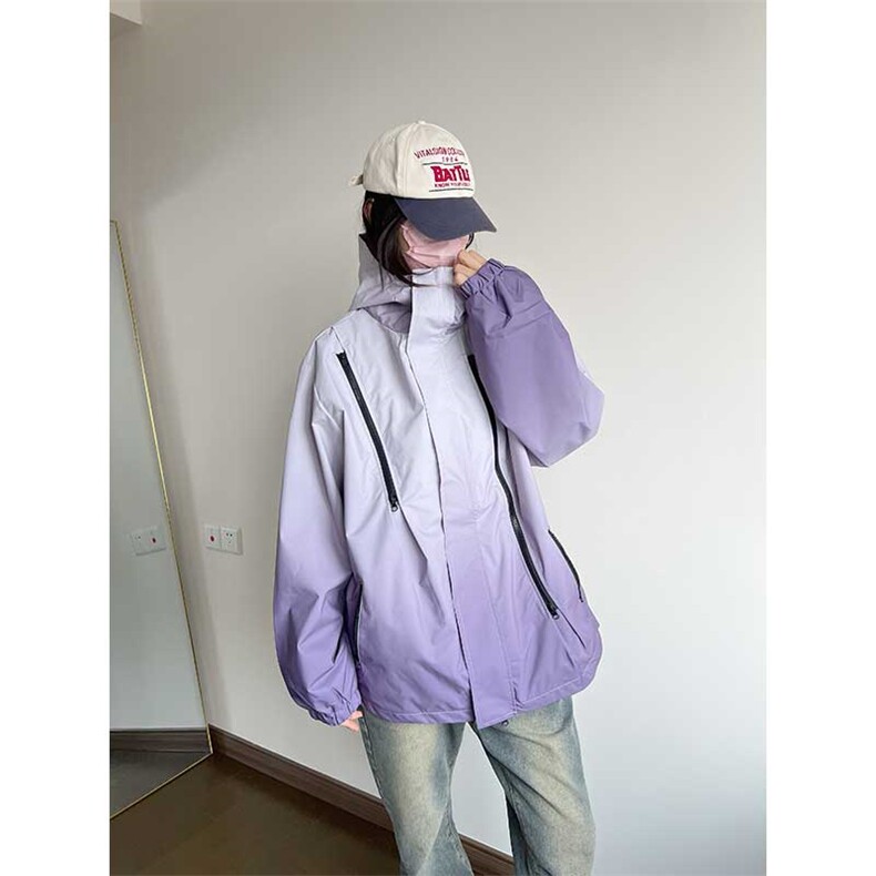 控价79开春户外渐变颜色连帽防风防水多拉链冲锋衣外套JK026P65,女装短外套,电商A128