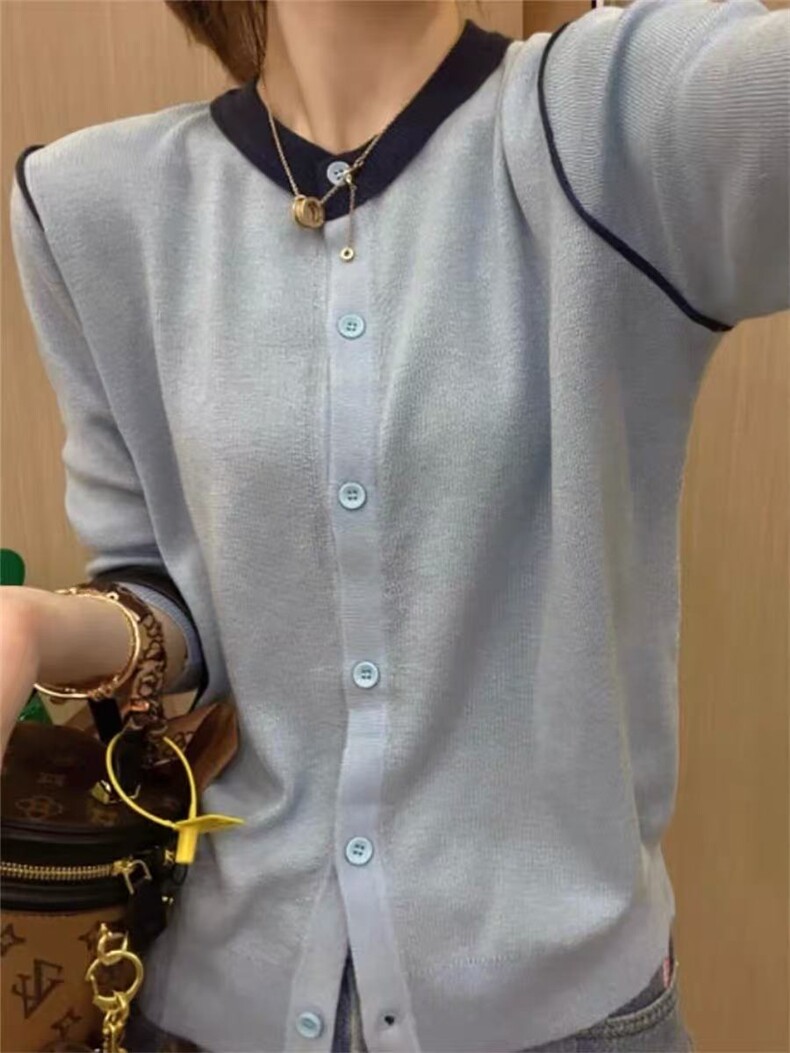 春季新款简约百搭时尚拼色针织开衫长袖,针织衫/毛衣,百纯羊绒