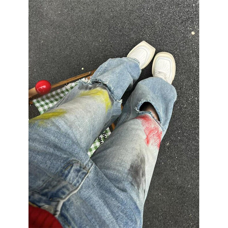 小众街头泼墨设计高腰宽松破洞阔腿拖地裤牛仔裤N177,男装牛仔裤,星座1116A（原606A-3）