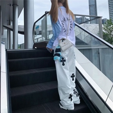 重工十字架刺绣高腰直筒牛仔裤女2025新款设计感宽松拖地阔腿长裤，男装牛仔裤，星座506A