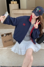 韩版宽松撞色立领休闲外套女2025春秋季新款设计感两面穿夹克上衣，女装短外套，2C218