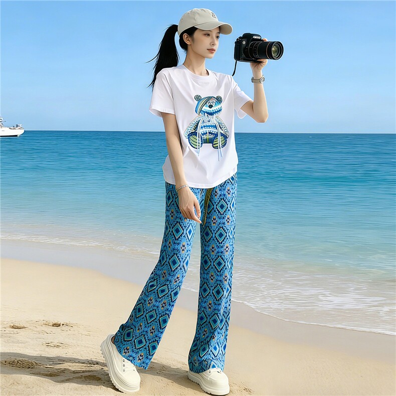 盐系减龄时尚休闲运动套装女夏新款圆领镶钻小熊短袖阔腿裤两件套，女装套装/套裙，江南