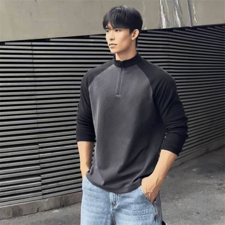 【网图慎用】TX02德绒打底衫运动保暖撞色拉链T恤,男装T恤,电商A466