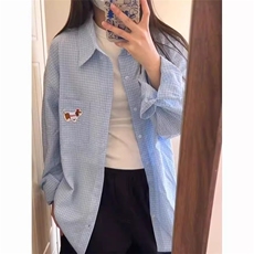 港风春款男女千鸟格衬衫腊肠狗刺绣宽松休闲衬衣CS2552P38，男装衬衫，星座1013-1