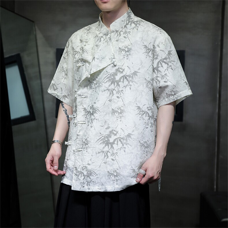 棉麻现货男士风大码立领盘扣衬衫竹叶短袖上衣CS35-P65,男装衬衫,电商A021