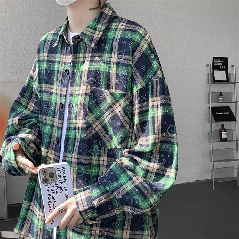 衬衫男秋季新款港风宽松大码磨毛格子扎染长袖衬衣CS507-P35,男装衬衫,星座214-3